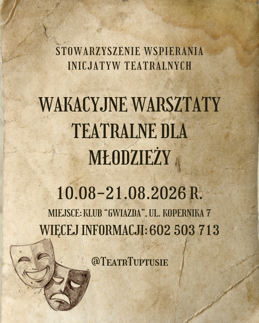 Plakat Wakacyjnych Warsztatów Teatralnych dla Młodzieży